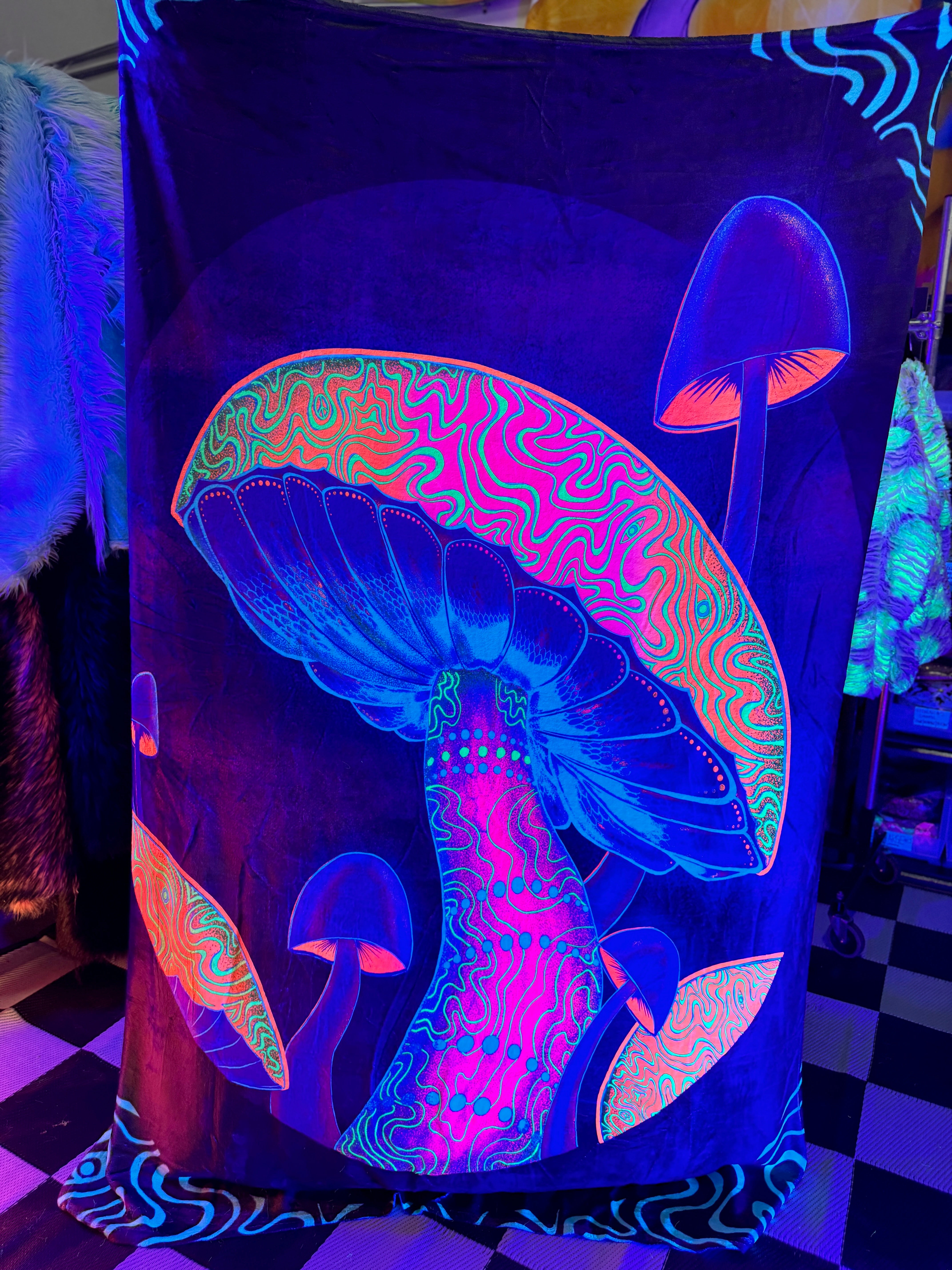 UV Reactive LSDino and Glow Shroom Double Sided Blanket