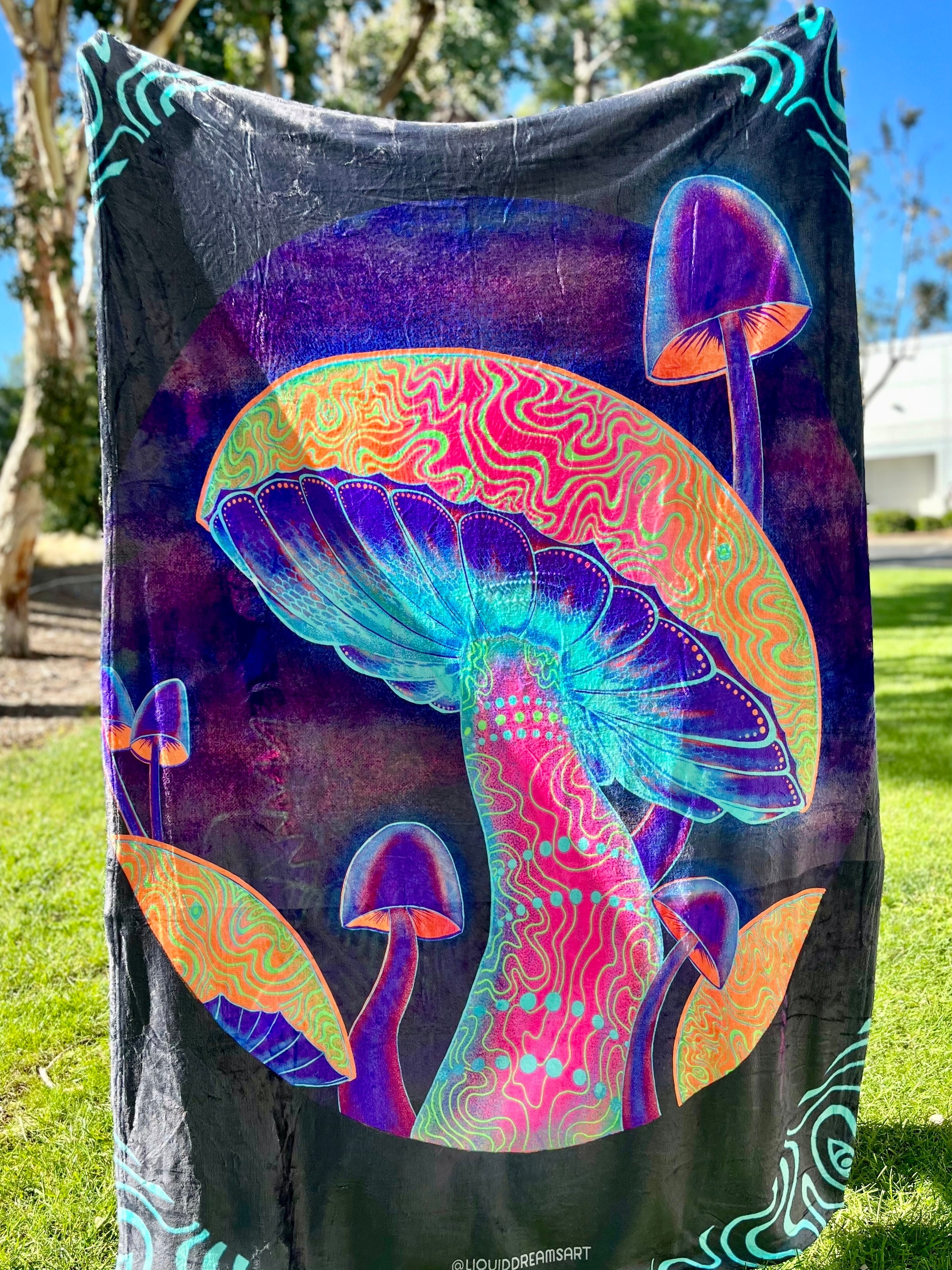 UV Reactive LSDino and Glow Shroom Double Sided Blanket