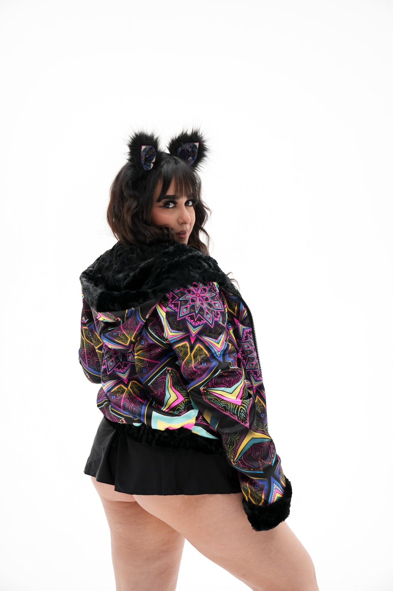 Black Kaleidodope Reversible Faux Fur Jacket